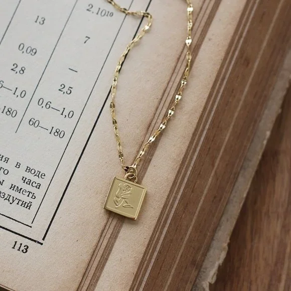 NEW 18K Gold Plated Rose Flower Embossed Square Pendant Necklace - Picture 7 of 9